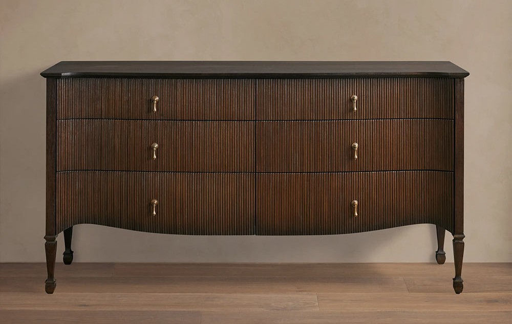 Fluted Wood 6 Drawer Dresser Dark Walnut Double Storage Chest