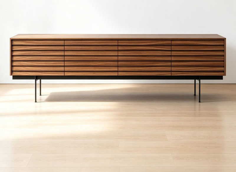 Horizontal-Slatted Wooden TV Stand