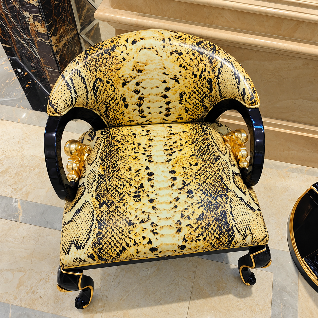 Snakeskin Accent Chair Modern Glam Leather Armchair Gold Trimmed Single Sofa