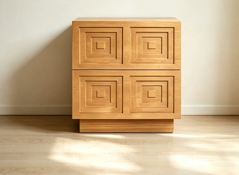 Geometric Carved Two-Drawer Wooden Nightstand