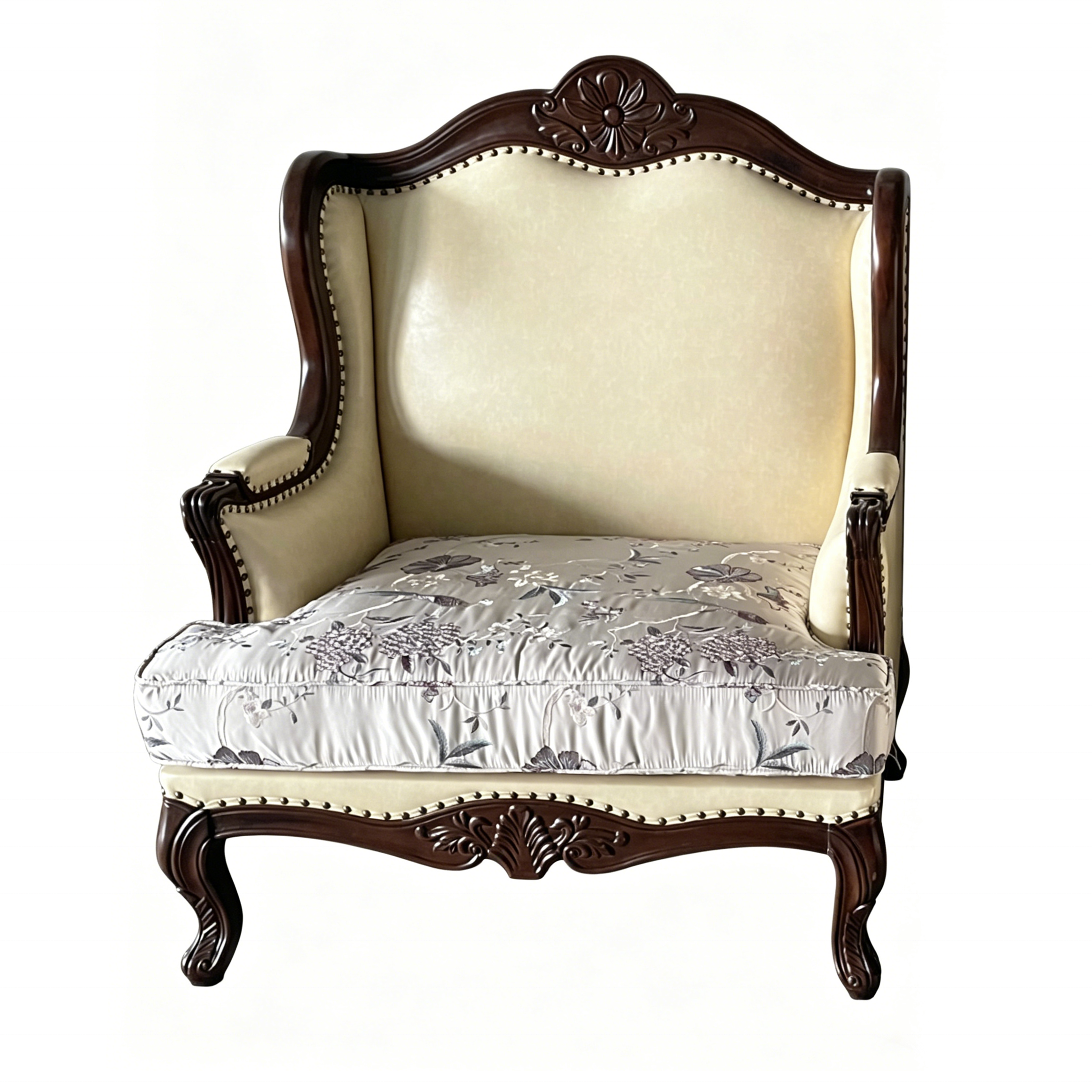 Traditional Carved Wood and Floral Print PU Leather Accent Armchair