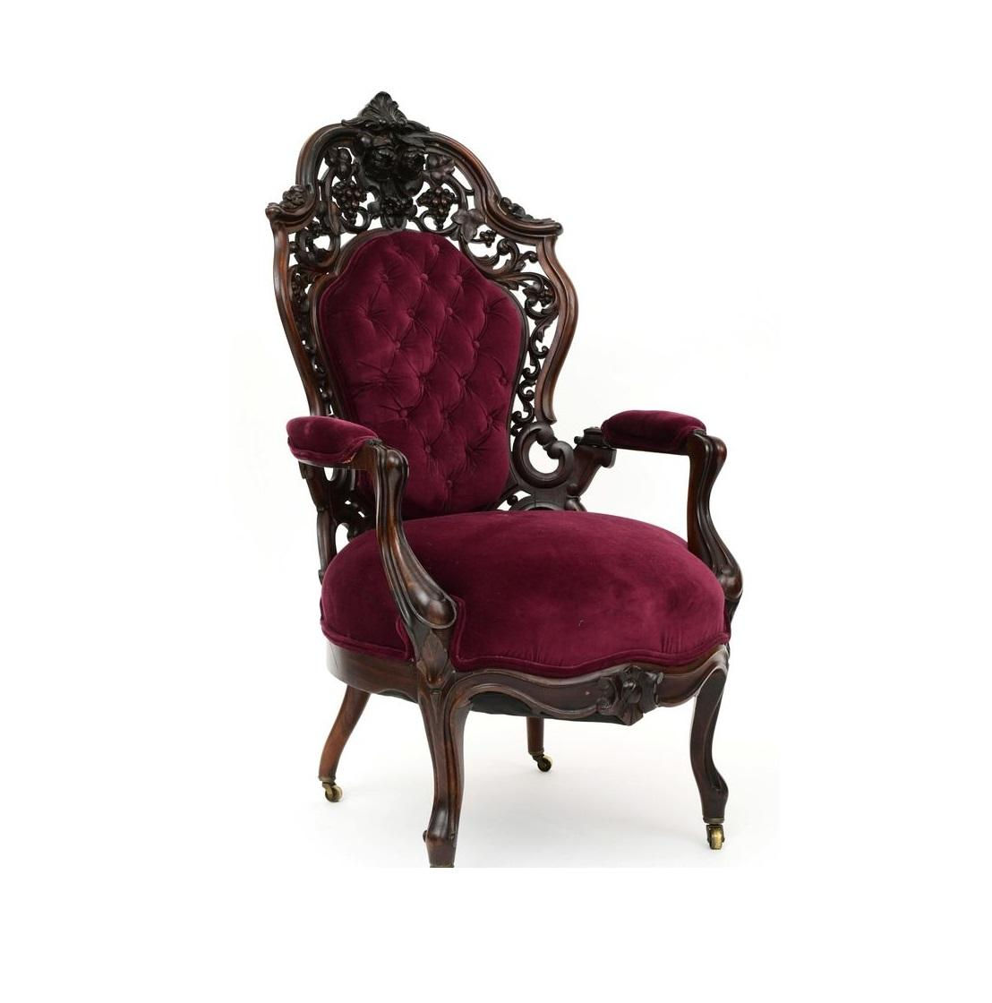 Victorian Carved Wood Burgundy Velvet Accent Armchair