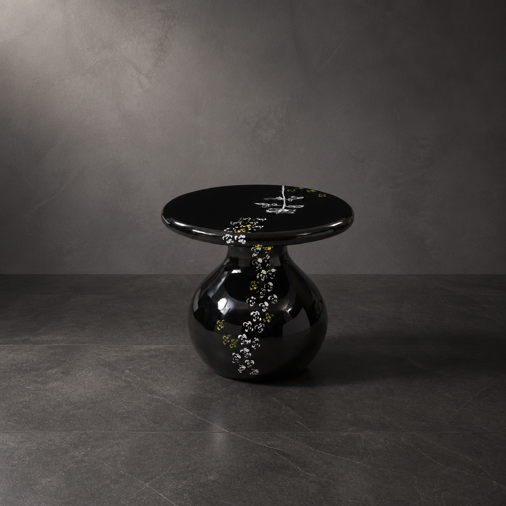 Glossy Black Floral Resin Accent Table