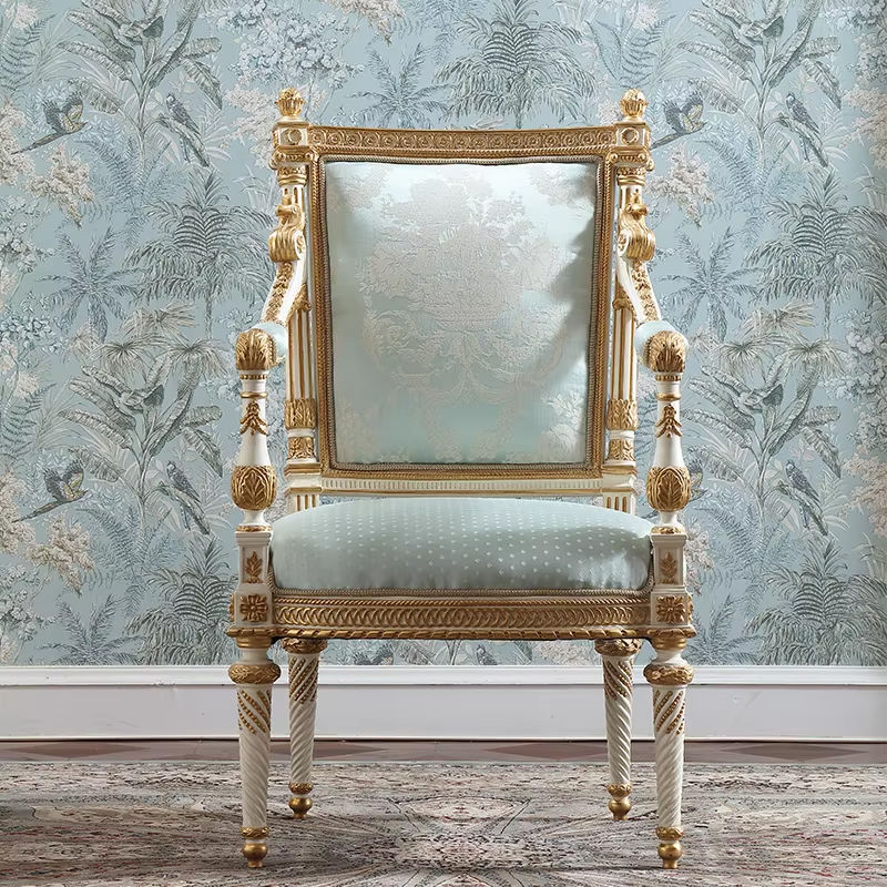 Neoclassical White and Gold Carved Armchair