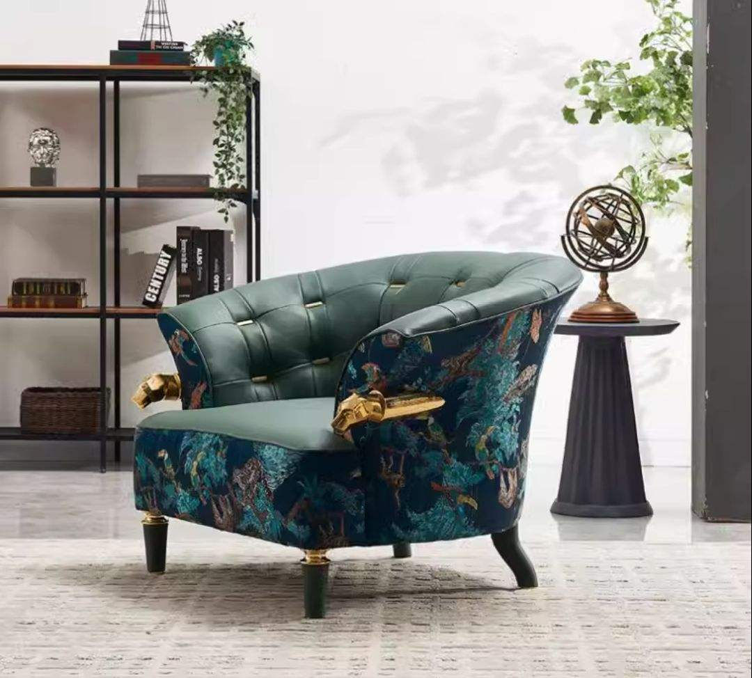 Modern Green Leather and Botanical Print Tufted Accent Armchair