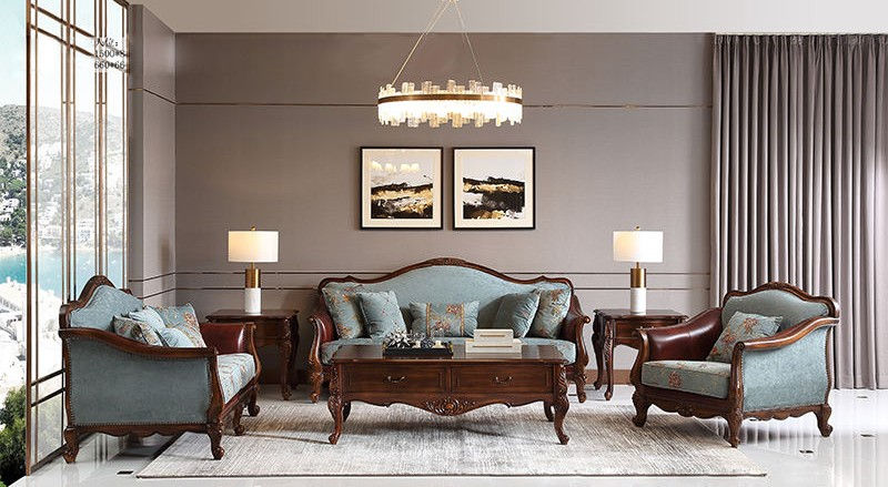 Traditional Carved Wood Sofa Set Fabric for Living room
