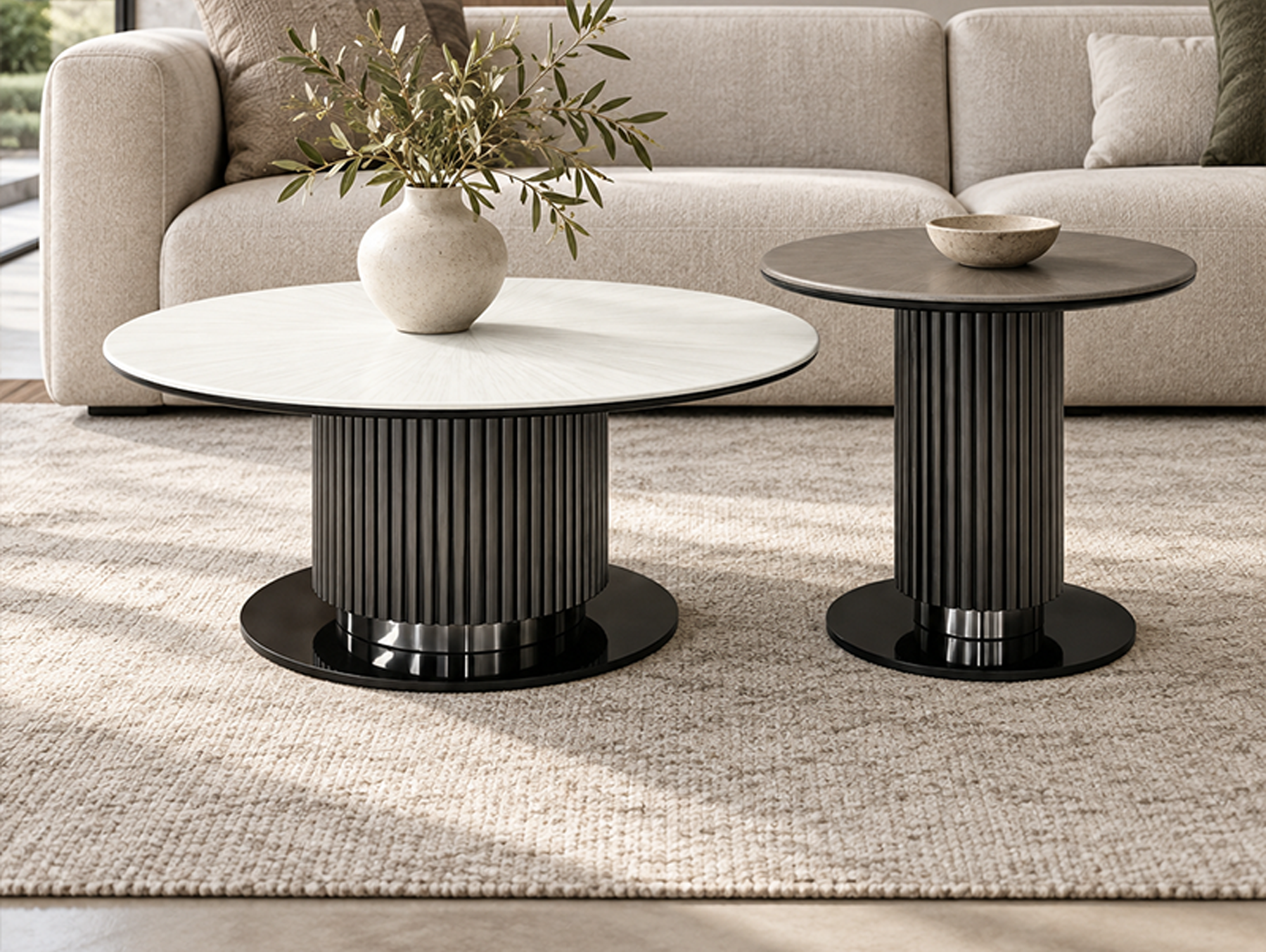Modern Stone and Steel Coffee Table Set
