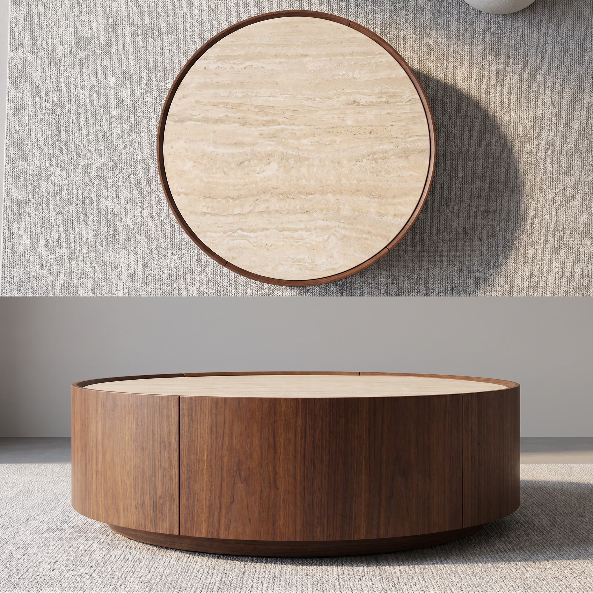 Sintered Stone Top Round Coffee Table with Natural Walnut Veneer