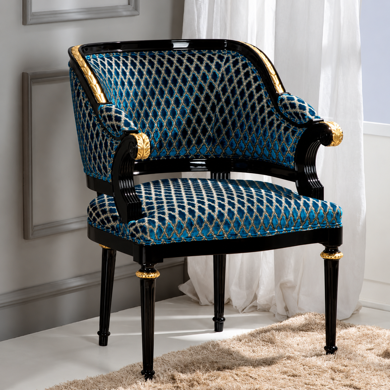 Luxurious Blue Velvet and Black Lacquered Accent Armchair