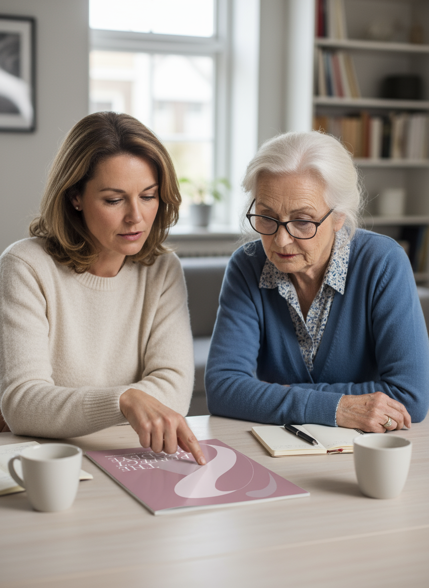 Zorgverlener wijst naar document, oudere vrouw kijkt mee, Over ons, thuis, informatie