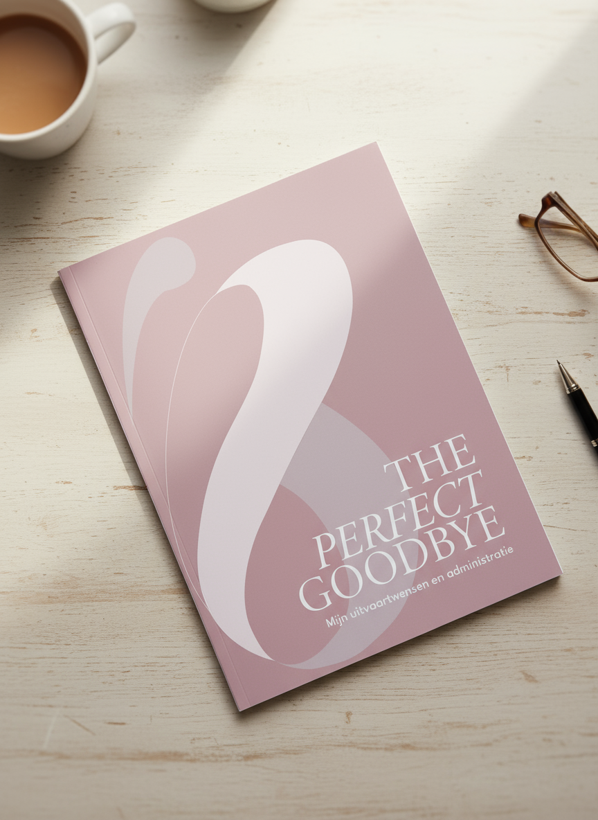 Book cover: The Perfect Goodbye, placed on a wooden table with a pen.