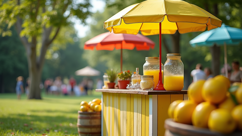 Eye-level view of a colorful lemonade stand set up outdoors