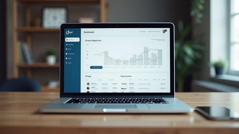 Eye-level view of a laptop screen showing a business website dashboard