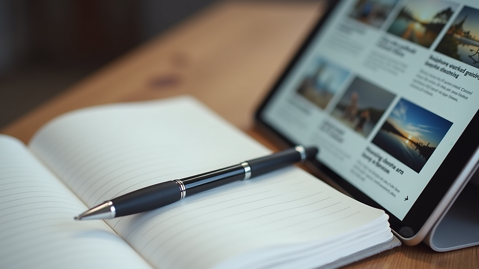 Close-up view of a notebook and pen next to a tablet displaying multiple blog posts