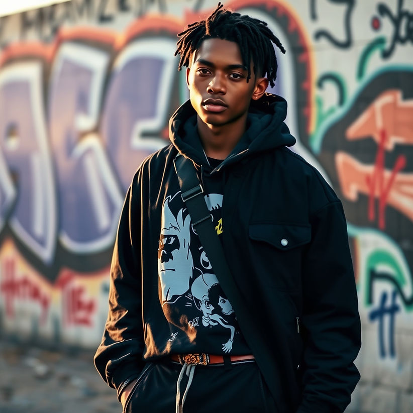 Young urban model wearing streetwear, standing in front of a graffiti wall, confident pose