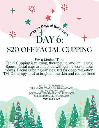 Enjoy $20 Off Facial Cupping on Day 6 of the 12 Days of Bliss-mas! Relax with this therapeutic, anti-aging treatment. Thru Jan 9th, 2026.