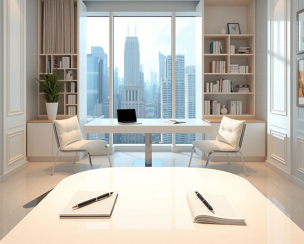 Create image of a luxurious white and bright office including a desk, two chairs, a laptop