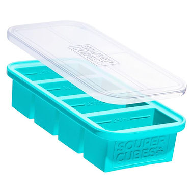 Souper Cubes one cup silicone freezer mould in teal with clear plastic lid showing four rectangular portion compartments each marked with 250ml fill lines on a white background
