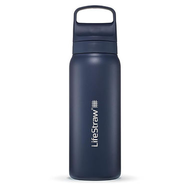 Lifestraw Stainless steel insulated filtration bottle in navy blue.