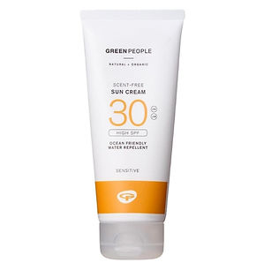 Green People Scent-Free Sun Cream SPF30 in a white and orange tube.
