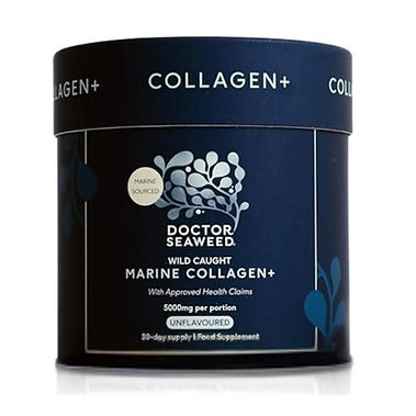 Doctor Seaweed Wild Caught Marine Collagen Plus 30-day supply dark navy cylindrical tub with seaweed illustration and 5000mg per portion on a white background