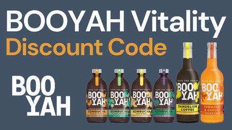 Bottles of BOOYAH drinks on a blue background with text "BOOYAH Vitality Discount Code" above. Bright labels and flavours shown.