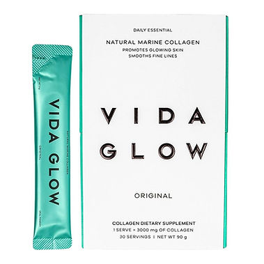 Vida Glow Natural Marine Collagen Original white box with teal accents showing 30 individual teal sachet servings of 3000mg collagen powder alongside a single sachet on a white background