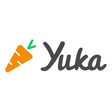 Yuka app logo with orange carrot icon and dark grey Yuka wordmark in cursive script on a white background