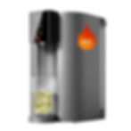 Waterdrop Filter C1H reverse osmosis water filter. A silver water dispenser pours hot water into a glass with tea leaves. A digital display shows temperature; a flame icon with "Hot" is visible.