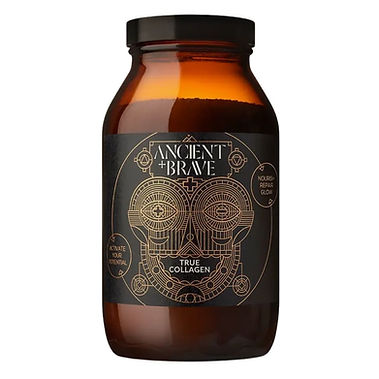 Ancient and Brave True Collagen amber glass jar with black lid and black label featuring ornate gold geometric face illustration on a white background