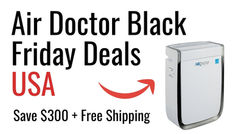 Air purifier with text: "Air Doctor Black Friday Deals USA, Save $280 + Free Shipping." White background, red emphasis on USA and arrow.