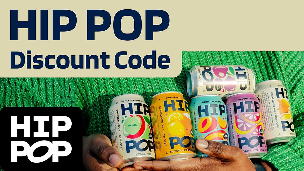 Hands hold colorful HIP POP cans against a green background. Text reads "HIP POP Discount Code." Vibrant and inviting mood.