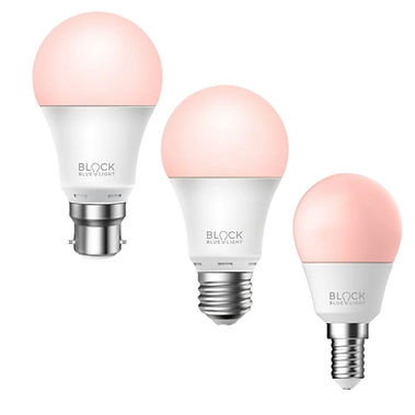 Block Blue Light Twilight Red Sleep Bulb range showing three bulb types B22, E27 and E14 with a soft pink red glow on a white background