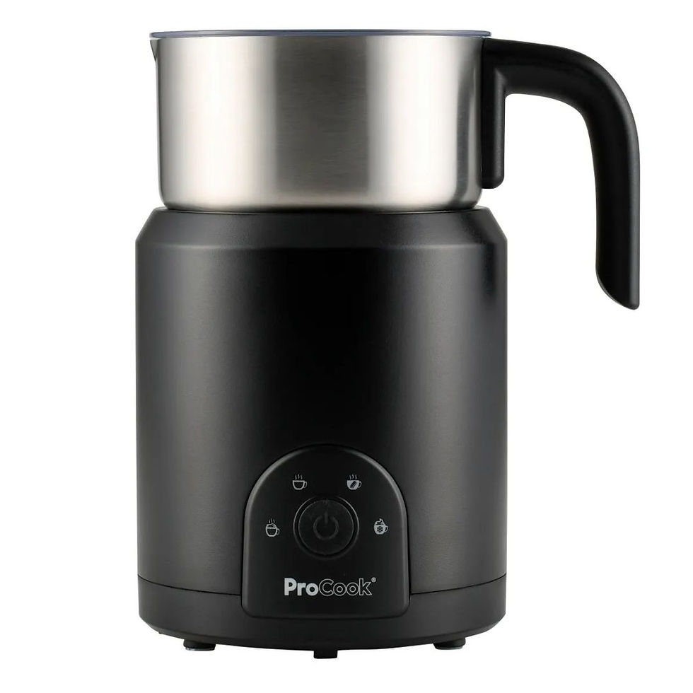 Black Procook stainless steel electric milk frother with stainless steel jug and black handle. Buttons and logo "ProCook" are visible on the base.