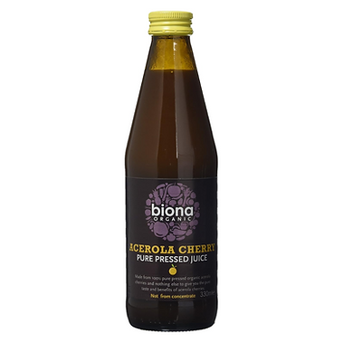 Biona Organic Acerola Cherry Juice dark glass bottle with gold lid on a white background