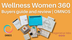 Wellness Women 360 review text on orange background. Lab test kits, forms, tubes displayed with OMNOS and regenerus labs logos visible.