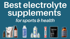 Electrolyte products displayed on a blue background with text: Best electrolyte supplements for sports & health. Various bottles and packets shown.