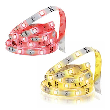 Block Blue Light Sleep LED Strip Lights showing two coiled strips side by side, the Twilight Red emitting a pink red glow above and the NoBlue Amber emitting a warm golden glow below, on a white background