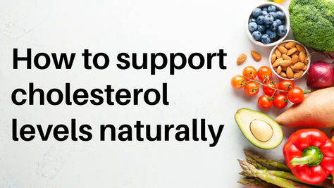 'How to support cholesterol levels naturally' title over a spread of fresh vegetables, fruit and nuts including broccoli, blueberries, avocado, almonds and red pepper.