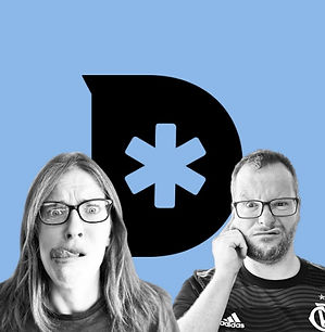 The Donegans YouTube channel profile image showing Katie and Alan Donegan in black and white making playful expressions in front of a large black D logo with a star on a bright blue background