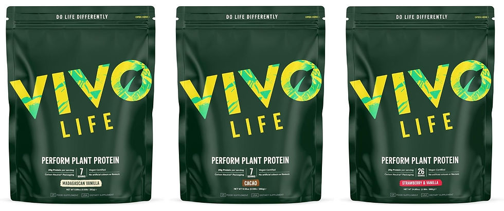 Three green bags of Vivo Life Perform Plant Protein with "Do Life Differently" text. Flavors: Madagascan Vanilla, Cacao, Strawberry & Vanilla.