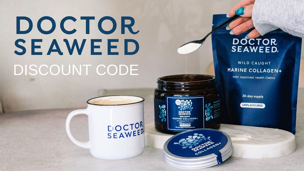Doctor Seaweed collagen products on a countertop, with a hand holding a spoon; large text says DISCOUNT CODE.