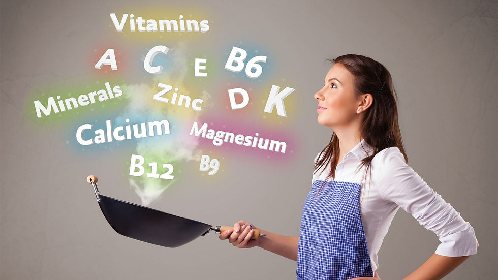 Woman in a blue apron holds a wok with rising vapor. Colorful words like Vitamins, Calcium, and Zinc float in the air, conveying health.