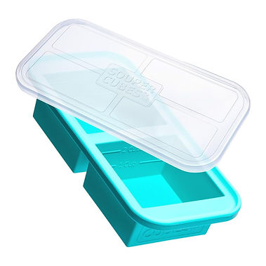 Souper Cubes two cup silicone freezer mould in teal with clear plastic lid showing two square portion compartments each marked with two 250ml fill lines on a white background