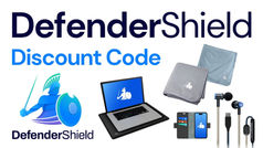 DefenderShield discount code with a logo of a warrior and shield. Features DefenderPad, EMF blocking iPhone case, EMF protection blanket, and air tube headphones on a white background.