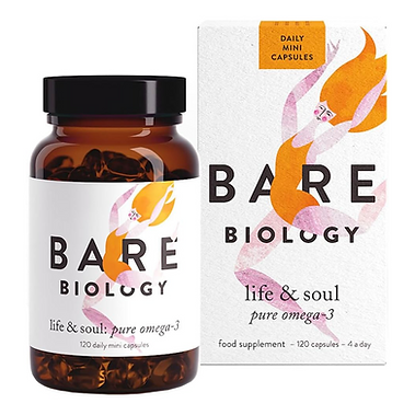 Bare Biology Life & Soul omega-3, dark glass bottle of softgel capsules beside its orange and white box