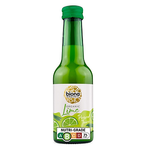 Biona Lime juice in green glass bottle.