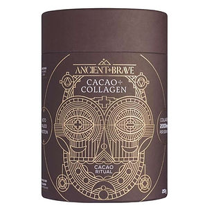 Ancient and Brave Cacao and Collagen 250g dark brown cylindrical cardboard tub with ornate gold geometric face illustration and Cacao Ritual text on a white background