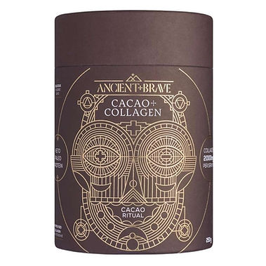 Ancient and Brave Cacao and Collagen 250g dark brown cylindrical cardboard tub with ornate gold geometric face illustration and Cacao Ritual text on a white background