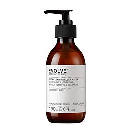 Evolve Organic Beauty Deep Clean Micellar Water in a 190ml amber glass bottle with a black pump